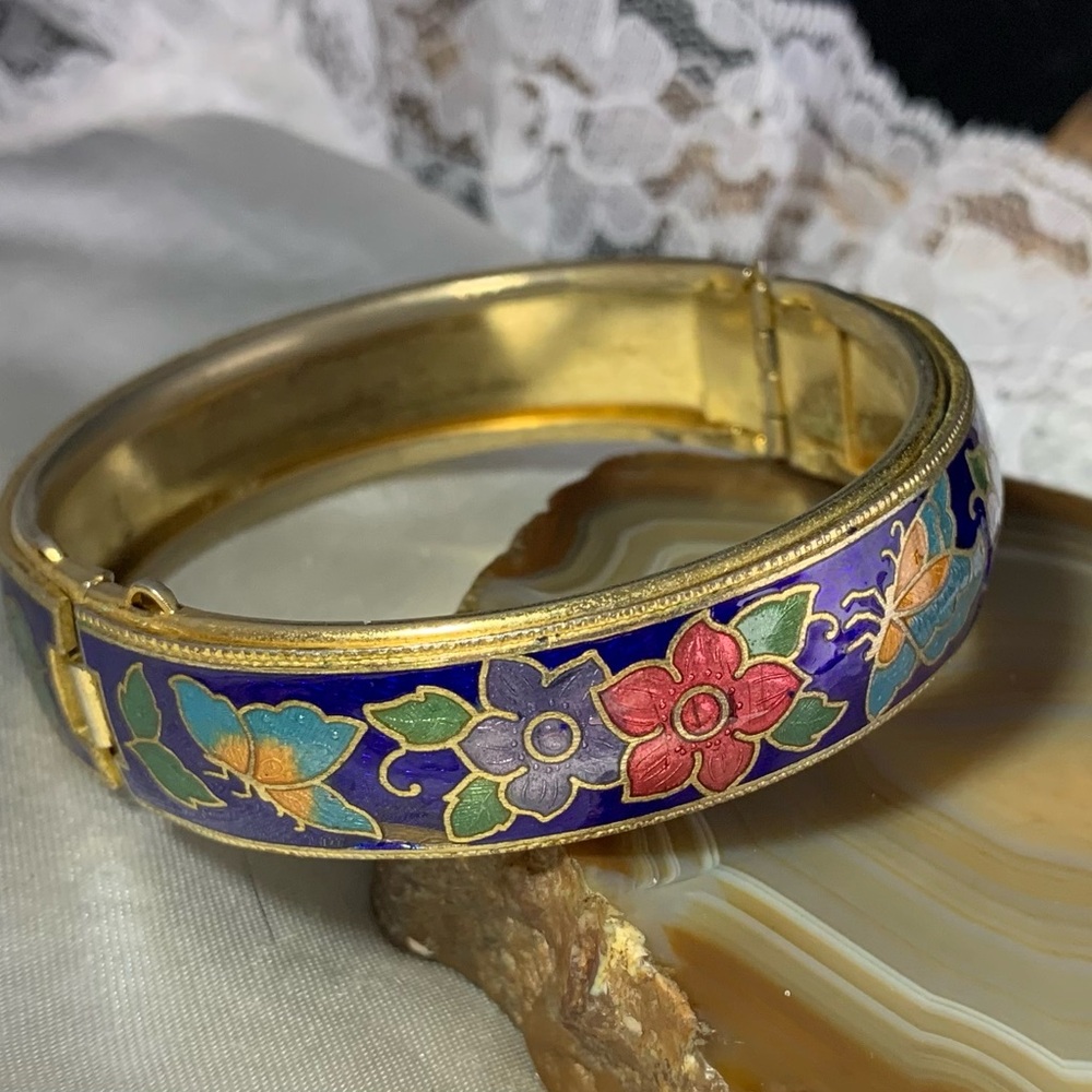 Vintage Closionne Enamel Hinged Bangle Bracelet Floral And Butterfly Pattern